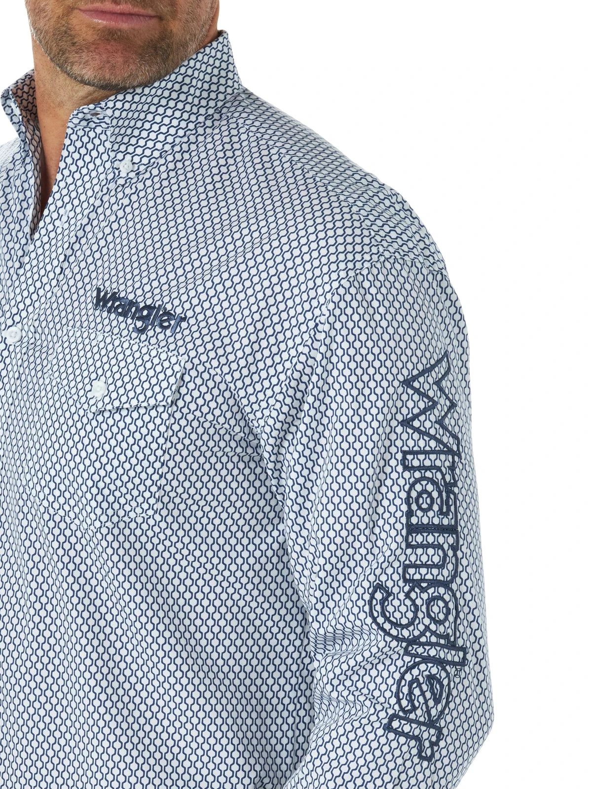 'Wrangler' Men's Logo Western Button Down - Blue 3 'Wrangler' Men's Logo Western Button Down - Blue