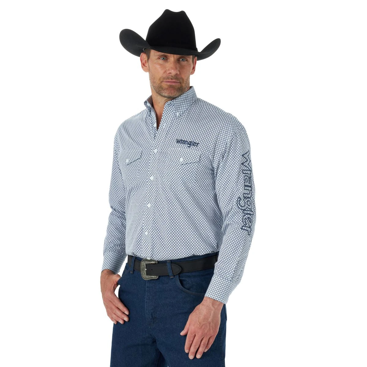 'Wrangler' Men's Logo Western Button Down - Blue 4 'Wrangler' Men's Logo Western Button Down - Blue - Image 2
